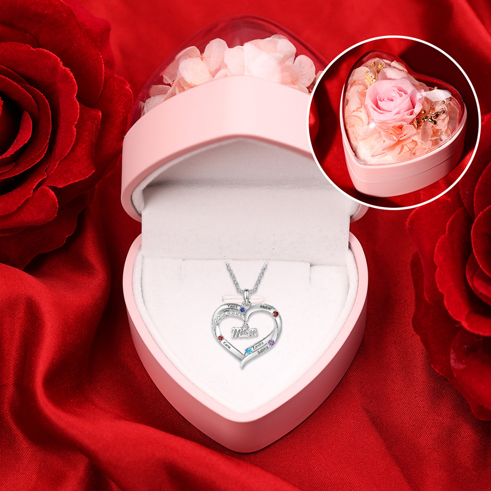 Personalised 2-5 Names Mum Nan Heart Necklace with Birthstones
