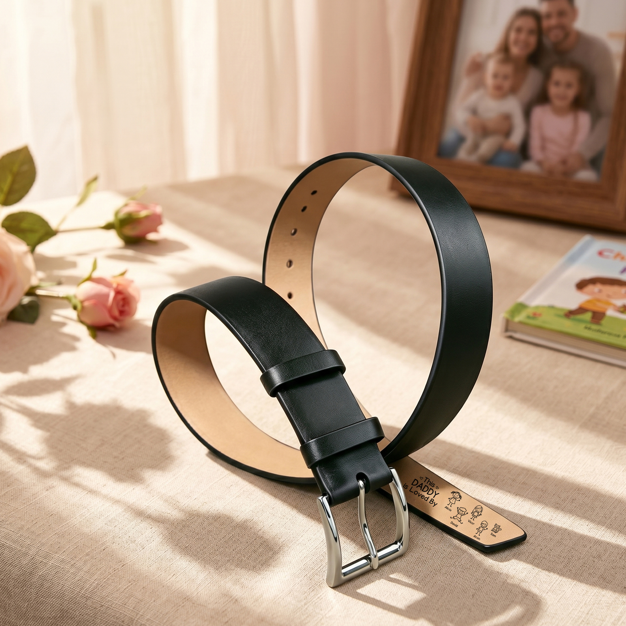 Personalised Leather Men’s Belt for Dad/Grandad, Customised with 1–10 Names and Child Figures
