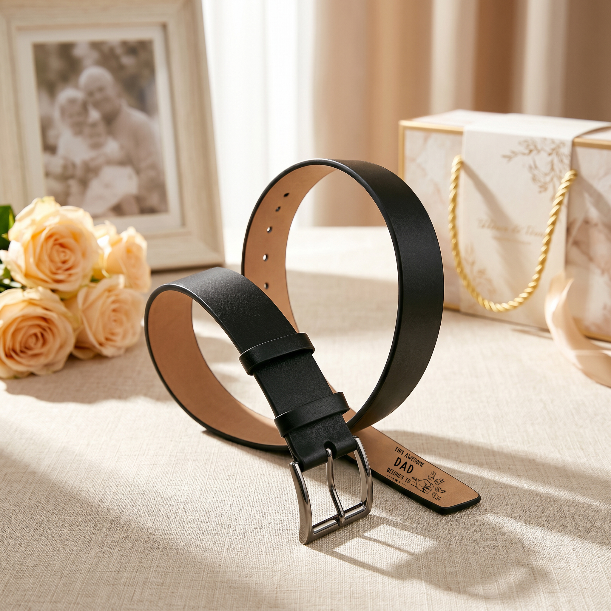 Personalised Fist Leather Belt with 2-7 Names & 1 Nickname, Custom Adjustable Man Belt Gift for Dad