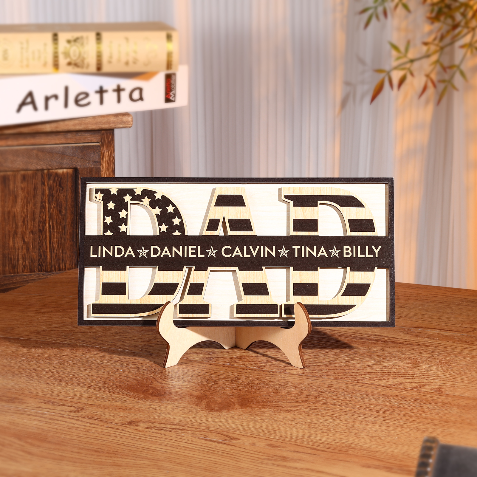 5 Names - Personalised Wood Ornament Engraved with Dad Text Support Customized Name Ornament Father's Day Gift for Dad