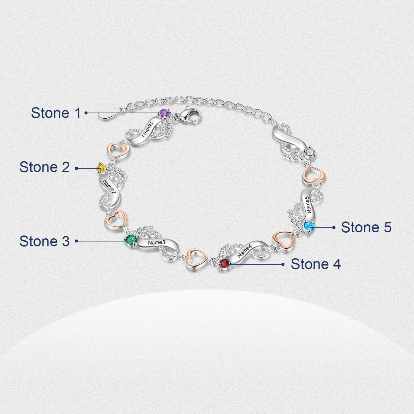 Personalised Baby Feet Bracelet Custom 5 Birthstones Set With Rose Gift Box Heart Bracelet Gifts For Women