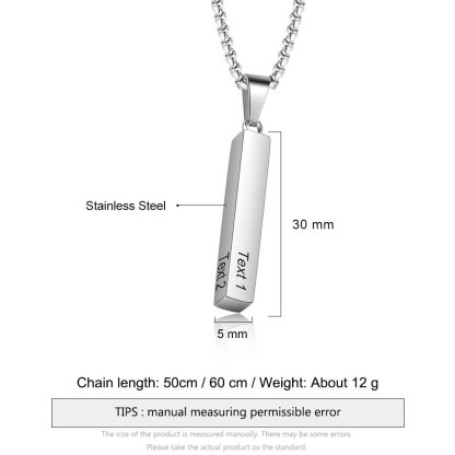 Personalised 3D Bar Necklace 4 Sides Vertical Bar Necklace For Him
