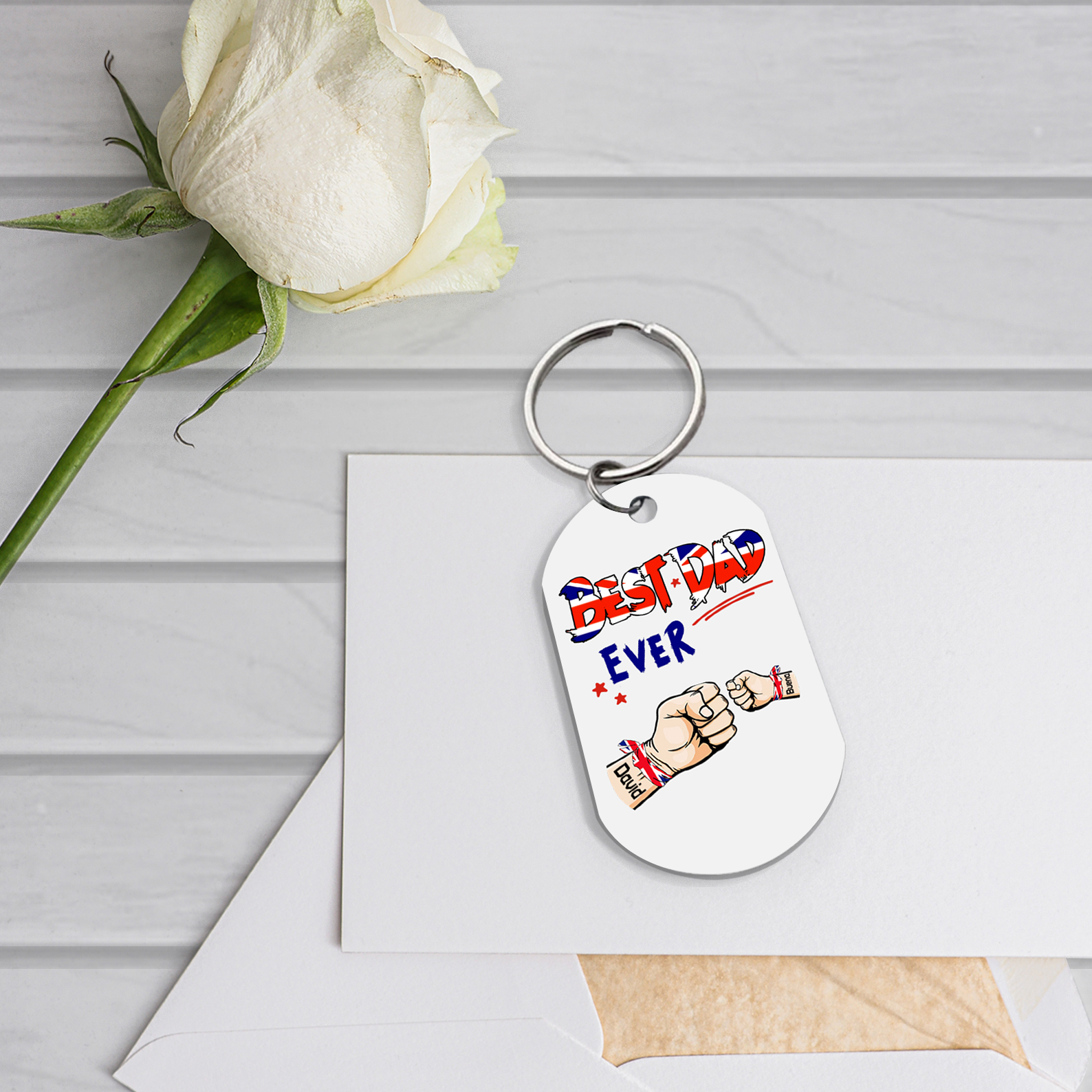 2 Names - Personalised Fist Bump Pattern Keyring Custom Name Gift for Dad