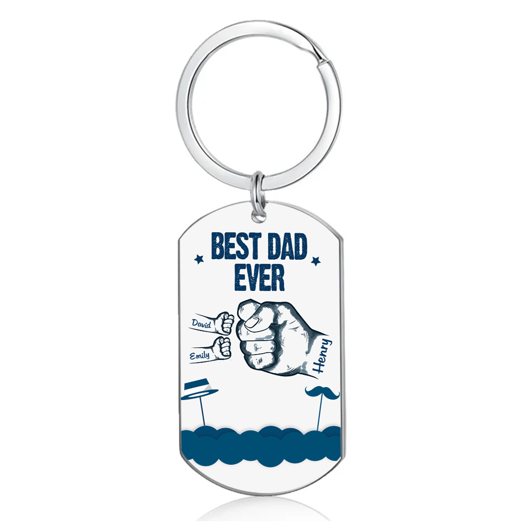3 Names - Personalised Custom Fist Bump Keyring Hat and Beard Style Keyring Gift for Dad
