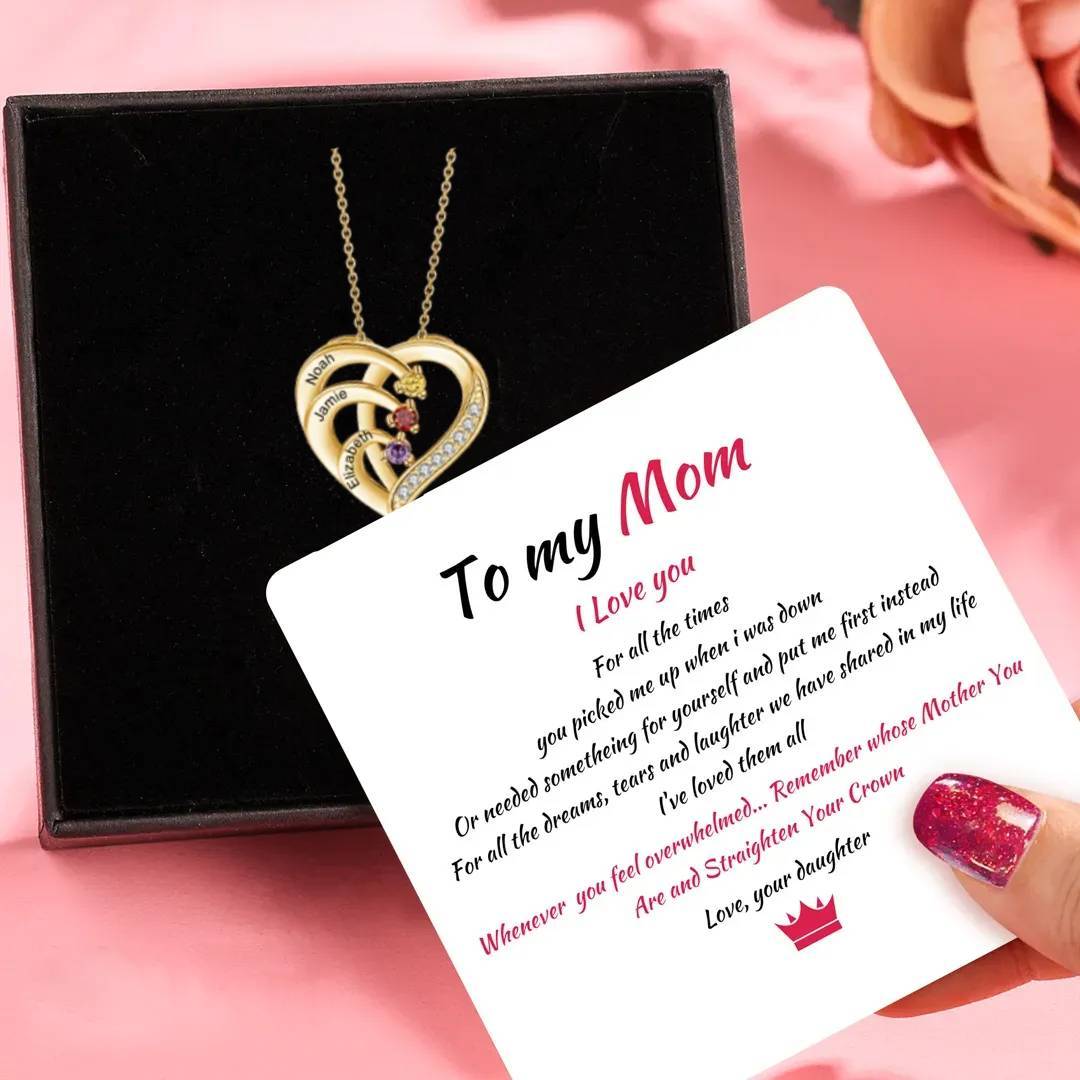 Personalised Mother Necklace 3 Stones Engraved 3 Names Birthstone Intertwined Heart Pendant Gifts for Her
