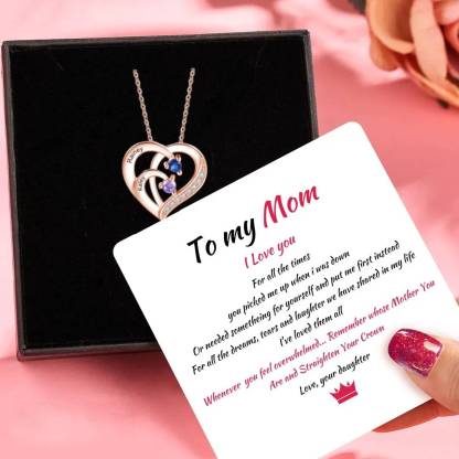 Personalised Mother Necklace 2 Stones Engraved 2 Names Birthstone Intertwined Heart Pendant Gifts for Her