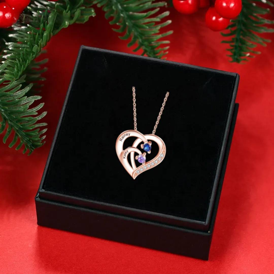 Personalised Mother Necklace 2 Stones Engraved 2 Names Birthstone Intertwined Heart Pendant Gifts for Her