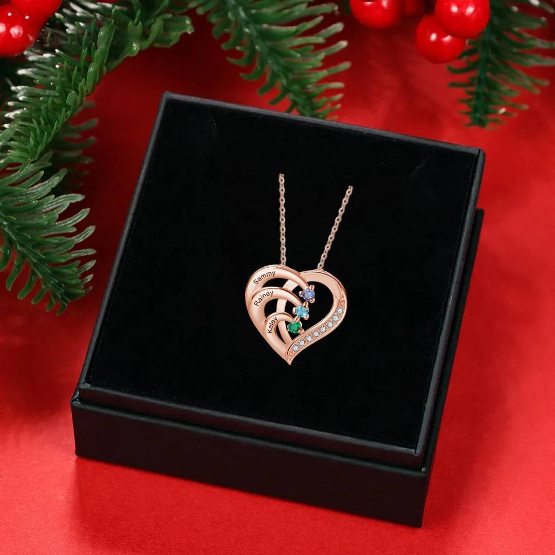 Personalised Mother Necklace 3 Stones Engraved 3 Names Birthstone Intertwined Heart Pendant Gifts for Her