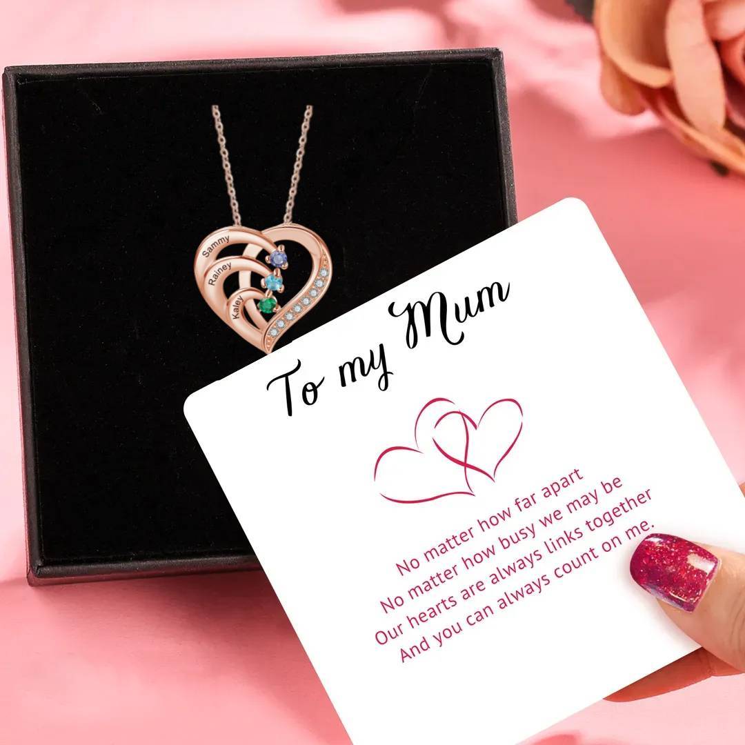 Personalised Mother Necklace 3 Stones Engraved 3 Names Birthstone Intertwined Heart Pendant Gifts for Her