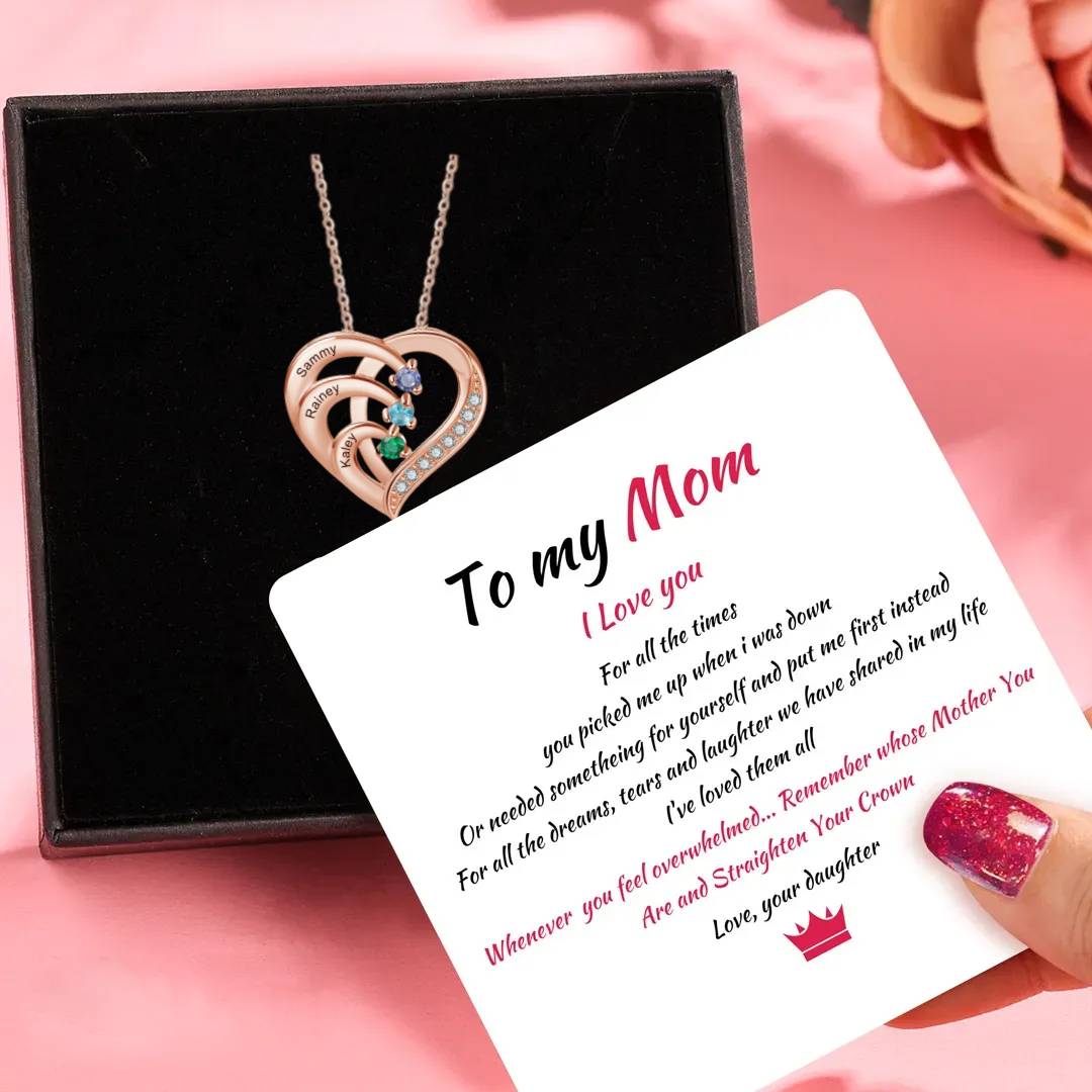 Personalised Mother Necklace 3 Stones Engraved 3 Names Birthstone Intertwined Heart Pendant Gifts for Her