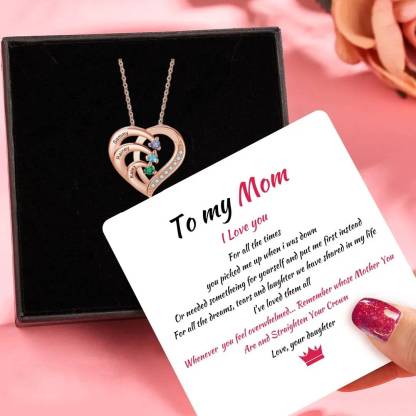 Personalised Mother Necklace 3 Stones Engraved 3 Names Birthstone Intertwined Heart Pendant Gifts for Her
