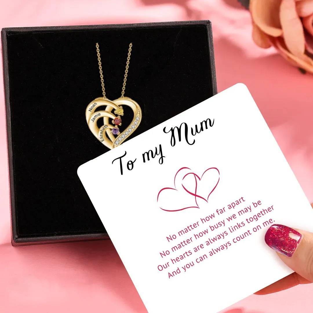 Personalised Mother Necklace 3 Stones Engraved 3 Names Birthstone Intertwined Heart Pendant Gifts for Her