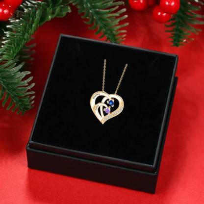 Personalised Mother Necklace 2 Stones Engraved 2 Names Birthstone Intertwined Heart Pendant Gifts for Her