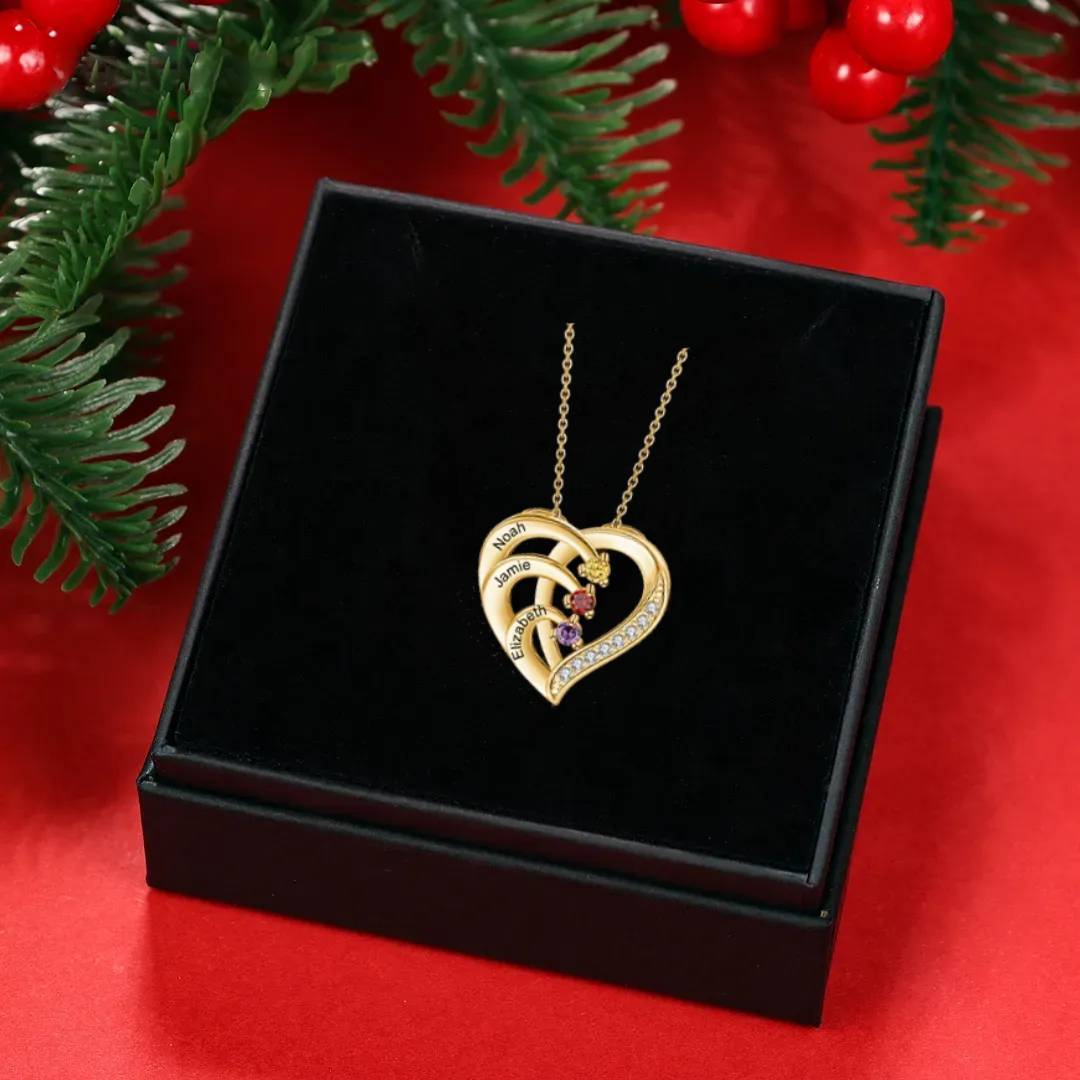 Personalised Mother Necklace 3 Stones Engraved 3 Names Birthstone Intertwined Heart Pendant Gifts for Her