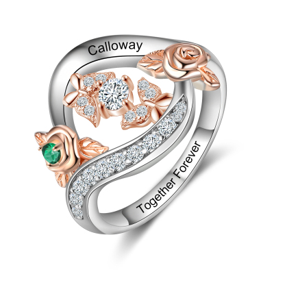 Personalised Rose Ring With 1 Birthstone Engraved Names Ring Gift For Women