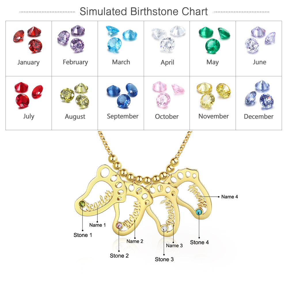 Personalised Baby Foot Necklace With 4 Birthstones Engraved Names Gift For Mother