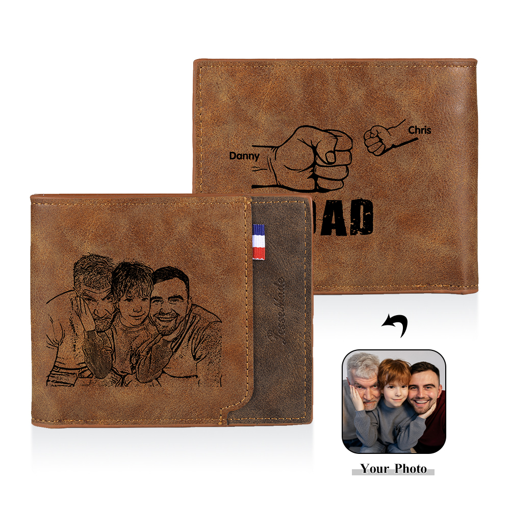 2 Names - Personalised Fist Bump Photo Custom Leather Men's  Wallet as a Father's Day Gift for Dad