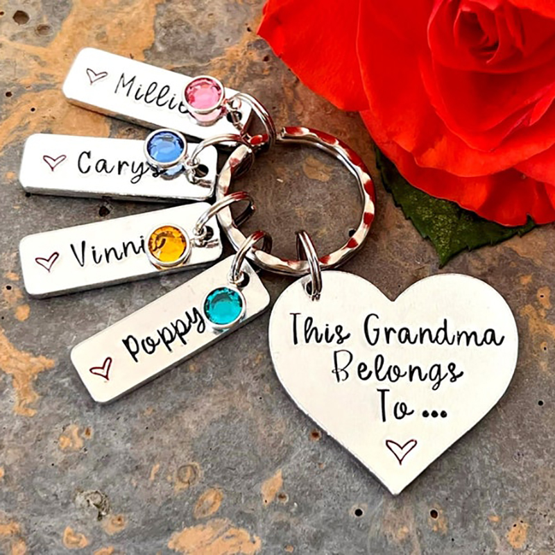 Grandma Keyring, This Grandma Belongs To, Personalised Birthstone Keyring Engraved 2 Names Gifts For Grandma for Nan