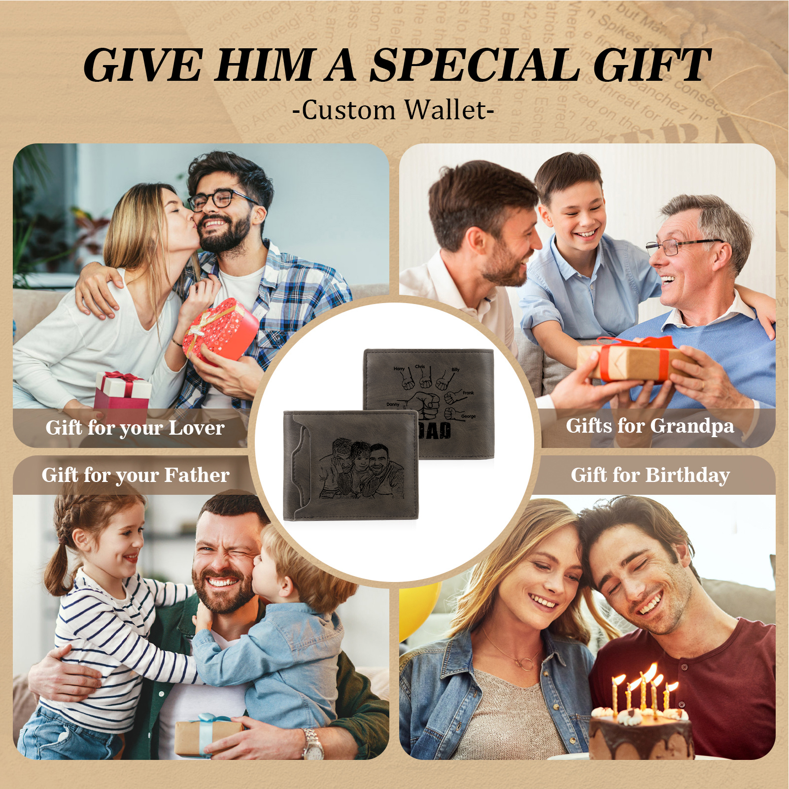 6 Names - Personalised Photo Custom Leather Men's Folding Wallet as a Father's Day Gift for Dad