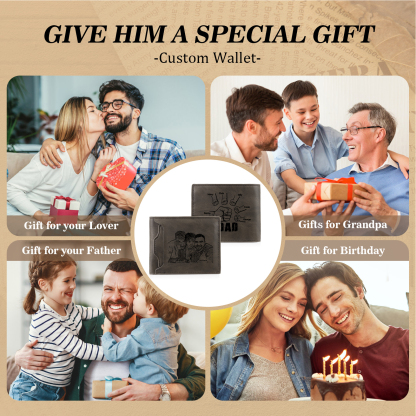 6 Names - Personalised Photo Custom Leather Men's Folding Wallet as a Father's Day Gift for Dad