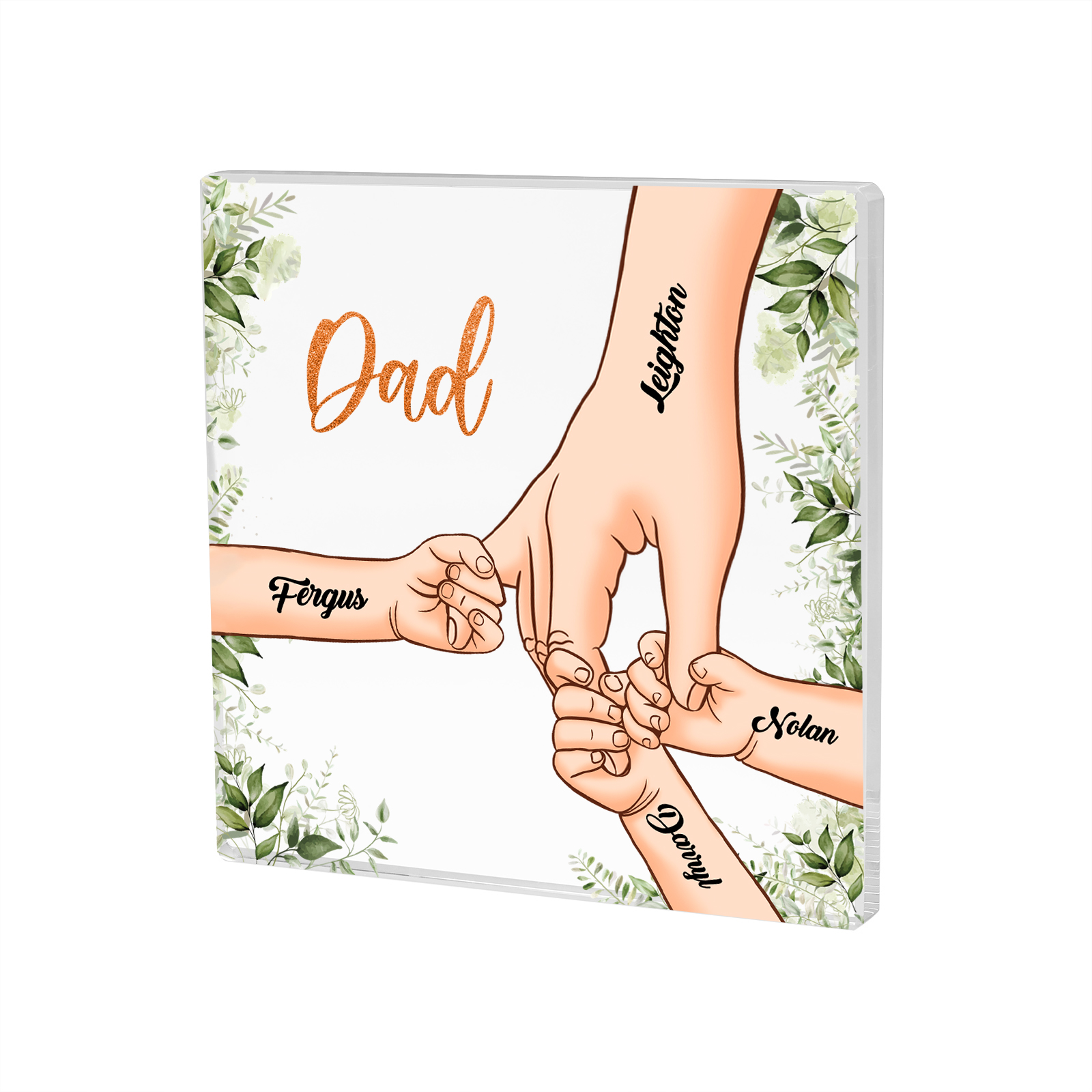 4 Names & 1 Text Personalised Acrylic Plaque for Dad - Custom Holding Hands Father's Day Gift | Jessemade