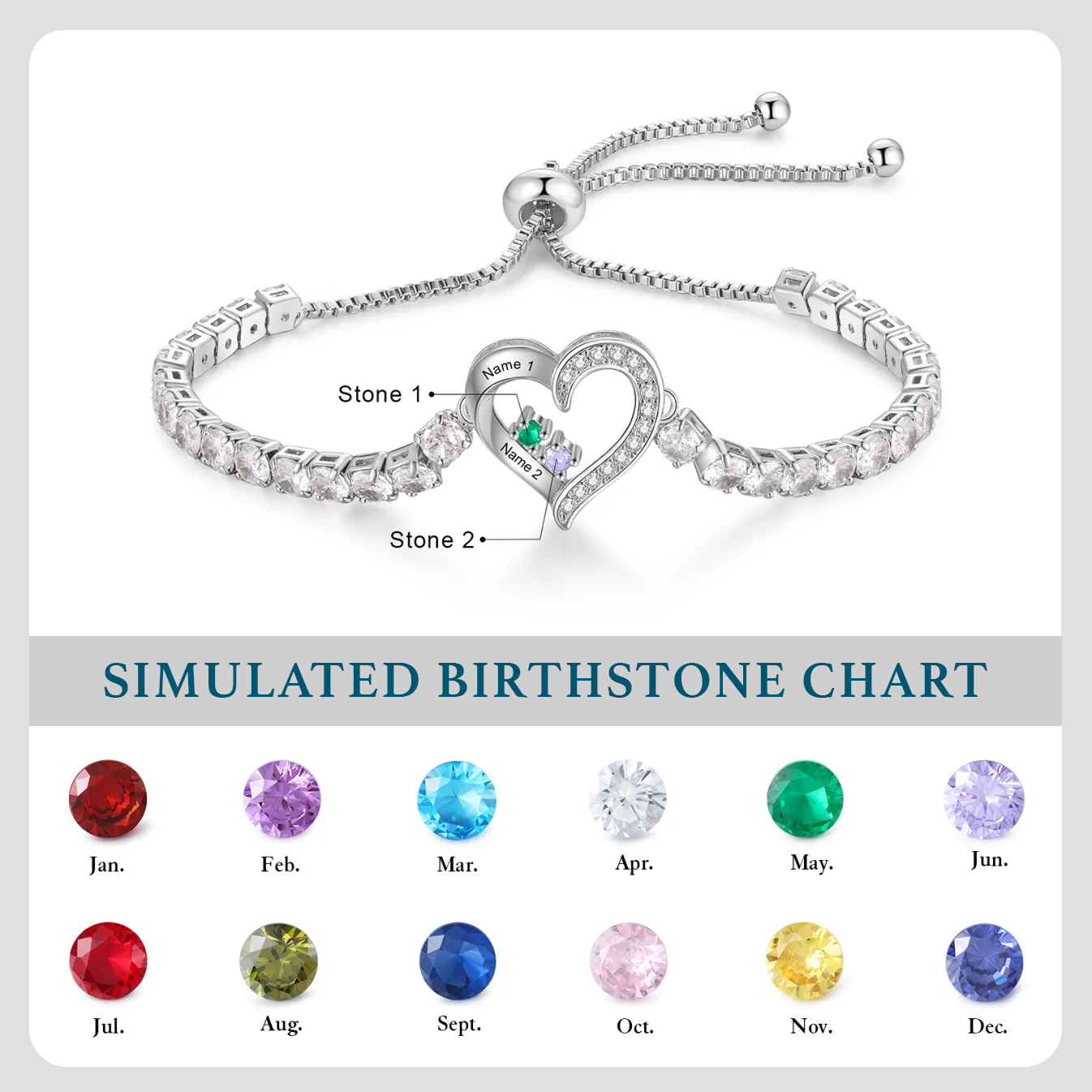 Personalised 2-4 Names & Birthstones Heart Tennis Bracelet-Gift for Mum/Her