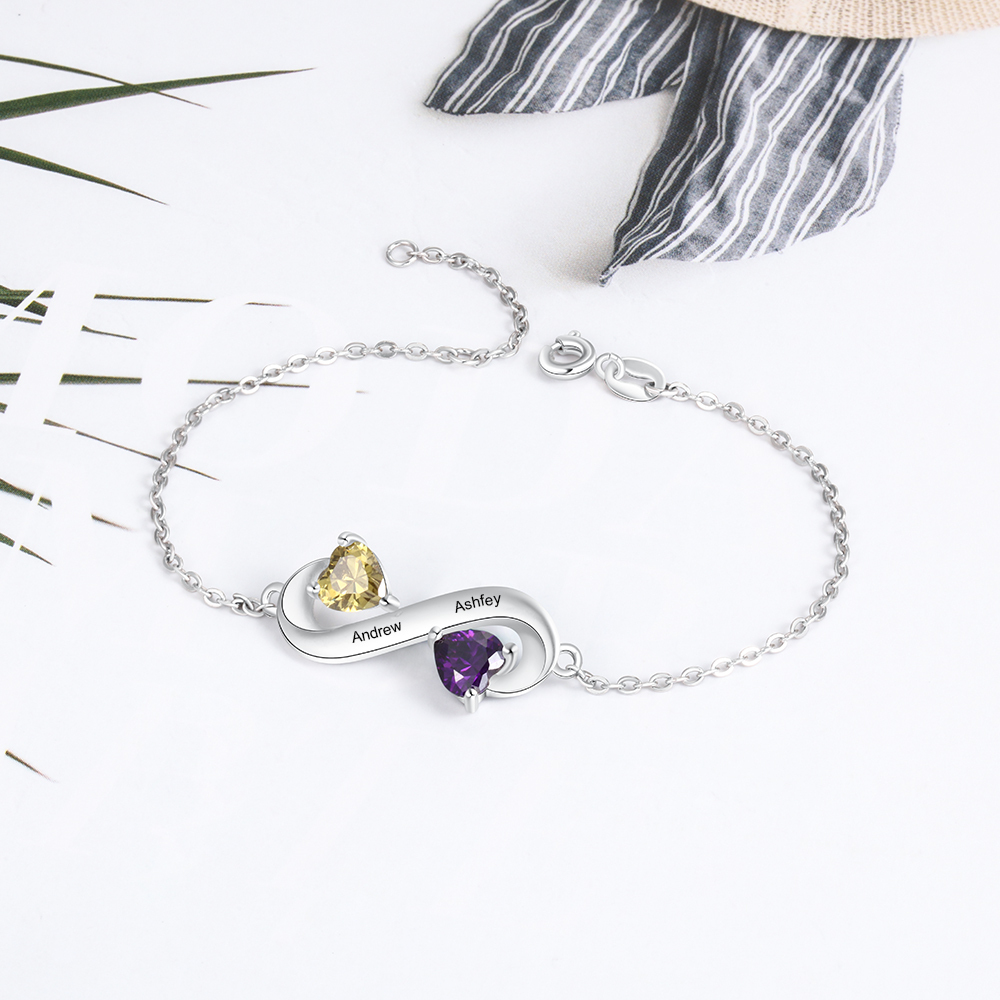 Personalized Infinity Heart Bracelet with 2 Birthstones Engraved 2 Names Bracelet - Valentines Gifts for Her