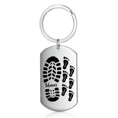 7 Names - Personalised Footprint Pattern Keyring Custom Named Father's Day Gift for Dad