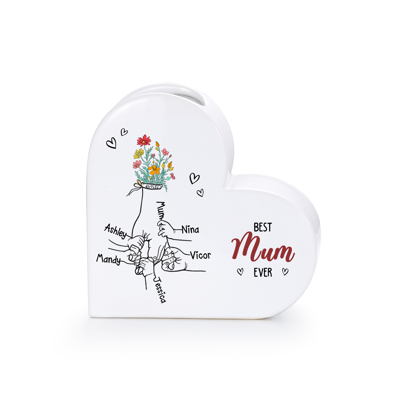 Personalised 2-6 Names Heart Ceramic “Best Mum Ever” Floral Name Vase