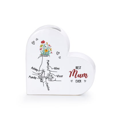 Personalised 2-6 Names Heart Ceramic “Best Mum Ever” Floral Name Vase