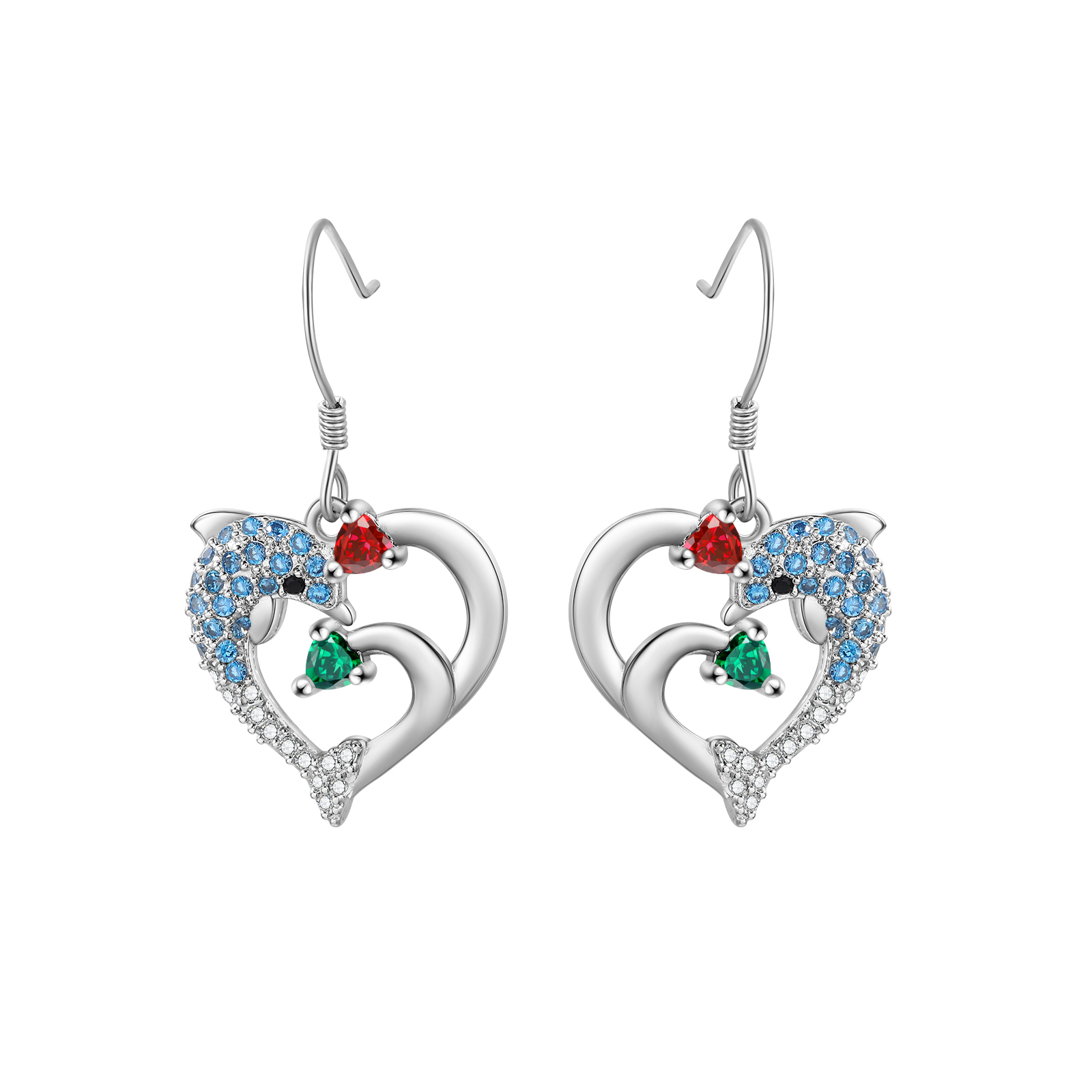 Personalised Dolphin Heart Drop Earrings with Birthstones