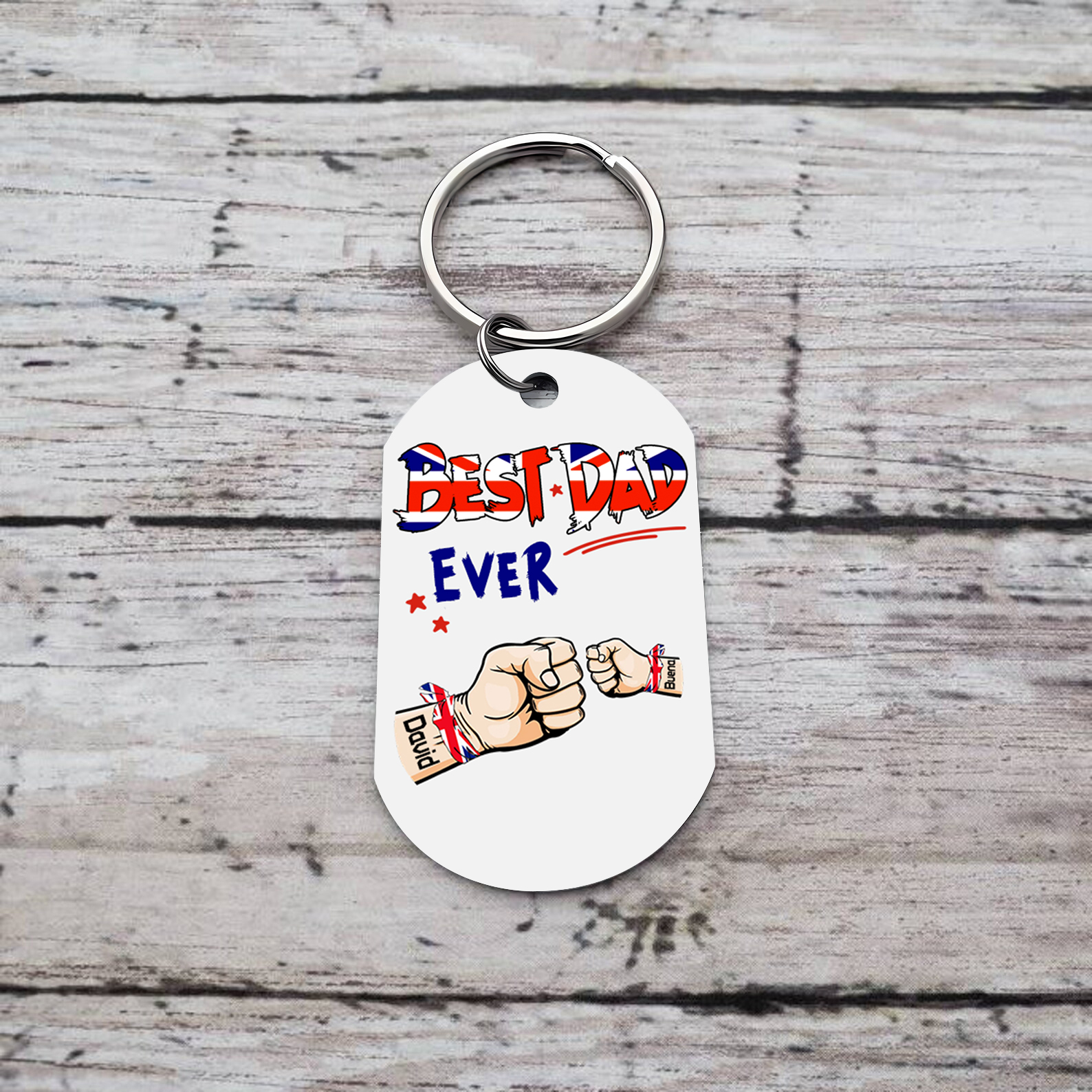 2 Names - Personalised Fist Bump Pattern Keyring Custom Name Gift for Dad