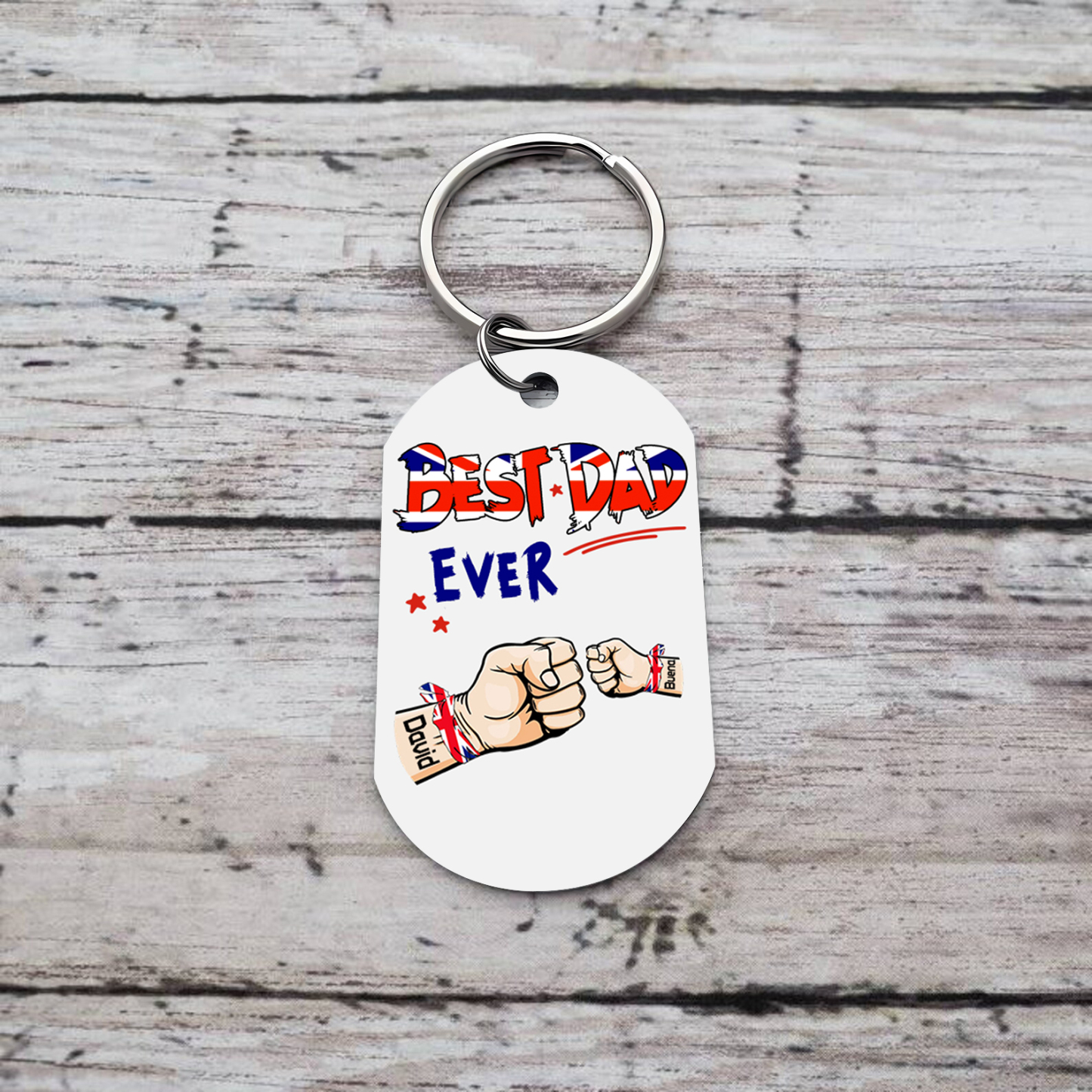2 Names - Personalised Fist Bump Pattern Keyring Custom Name Gift for Dad