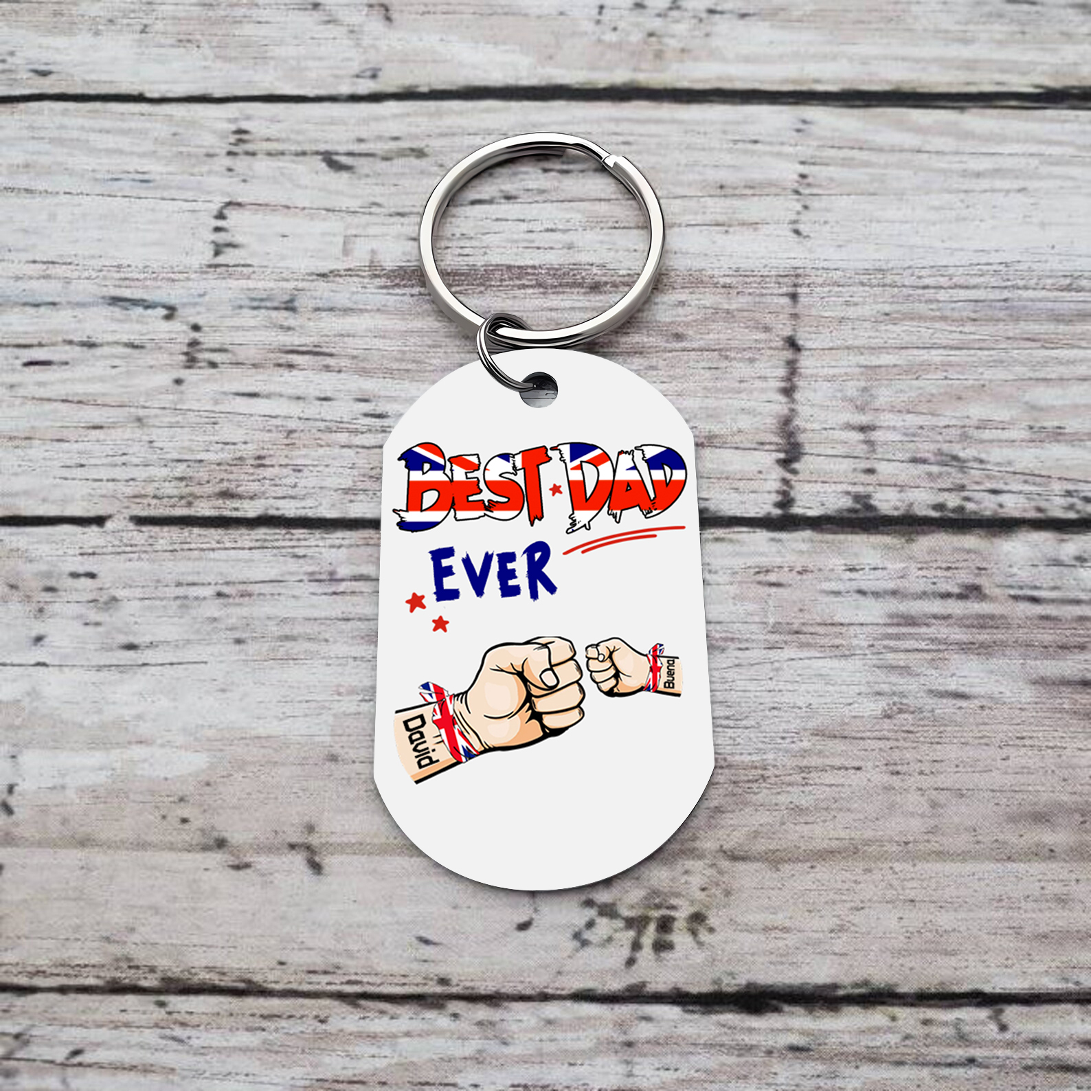 2 Names - Personalised Fist Bump Pattern Keyring Custom Name Gift for Dad