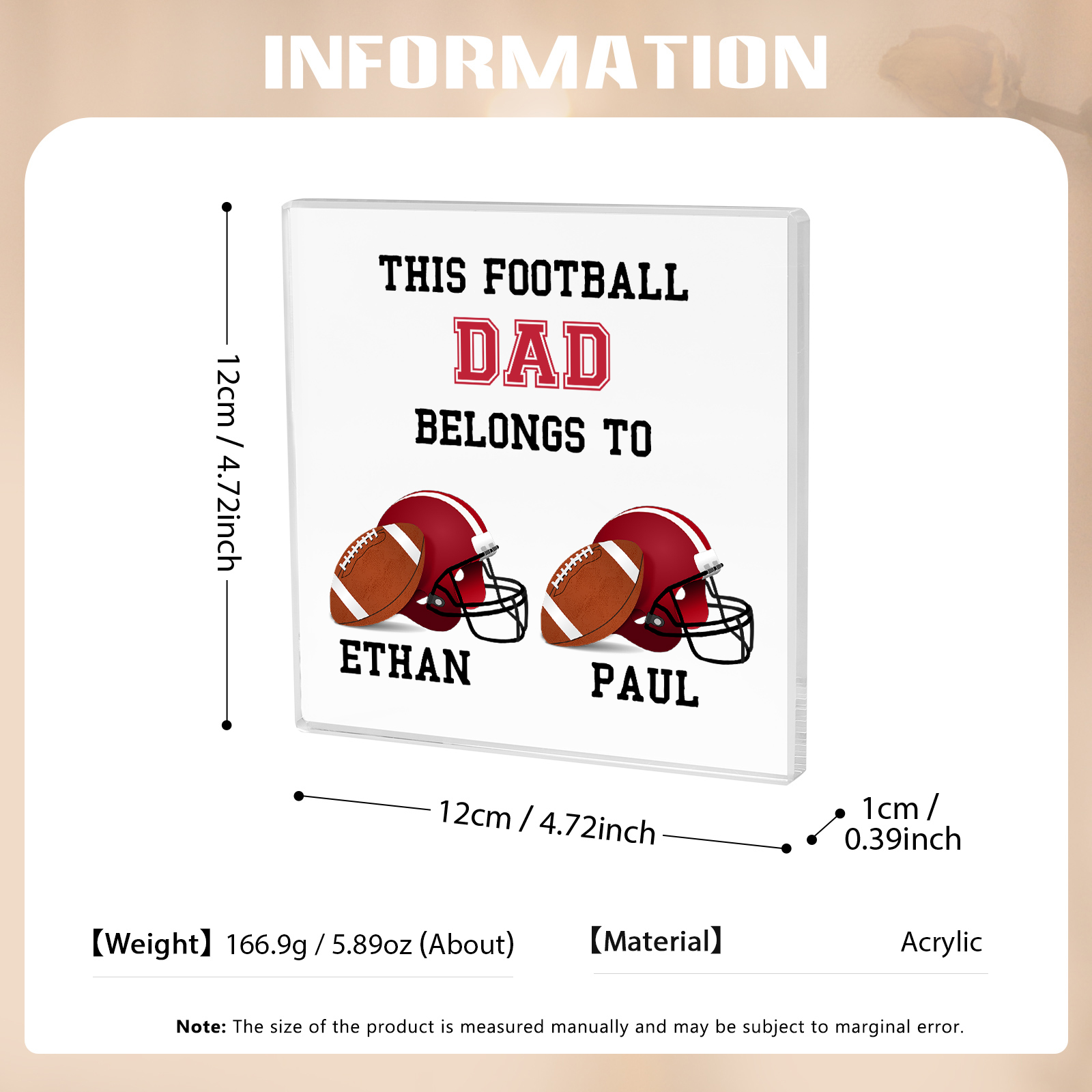 2 Names -Personalised Football Acrylic Keepsake Customized Name Acrylic Plaque Ornament Father's Day Gift for Dad