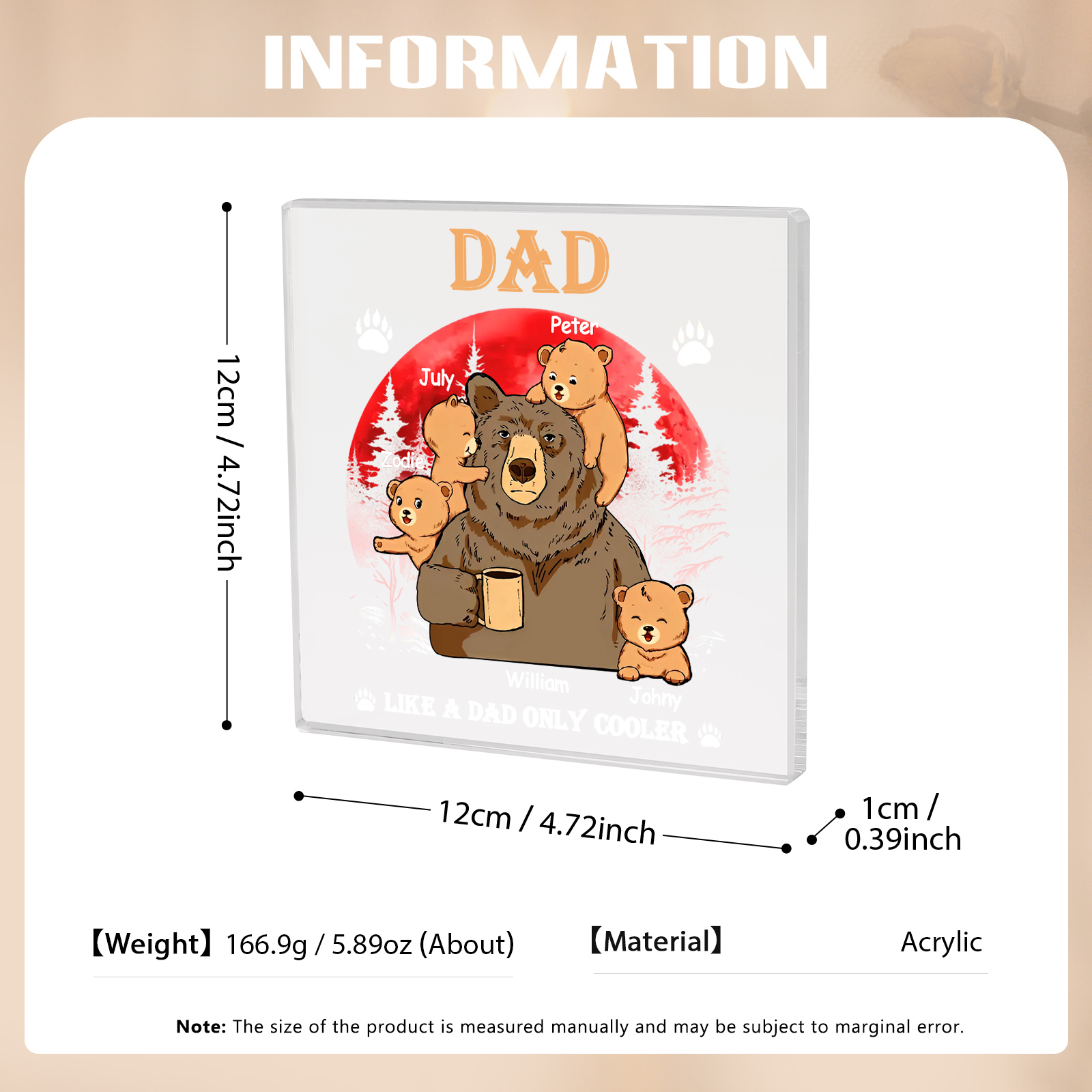 5 Names - Personalised Bear Family Pattern Custom Name Acrylic Square Ornament Father's Day Gift