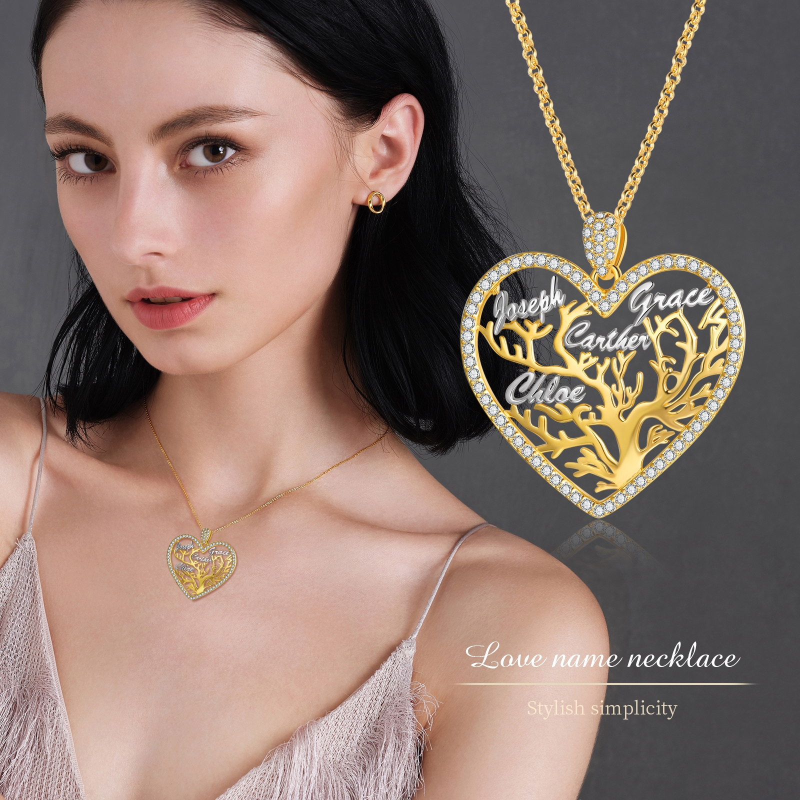 Personalised Family Tree Necklace, Custom 4 Names Heart Necklace Woman Gift For Her