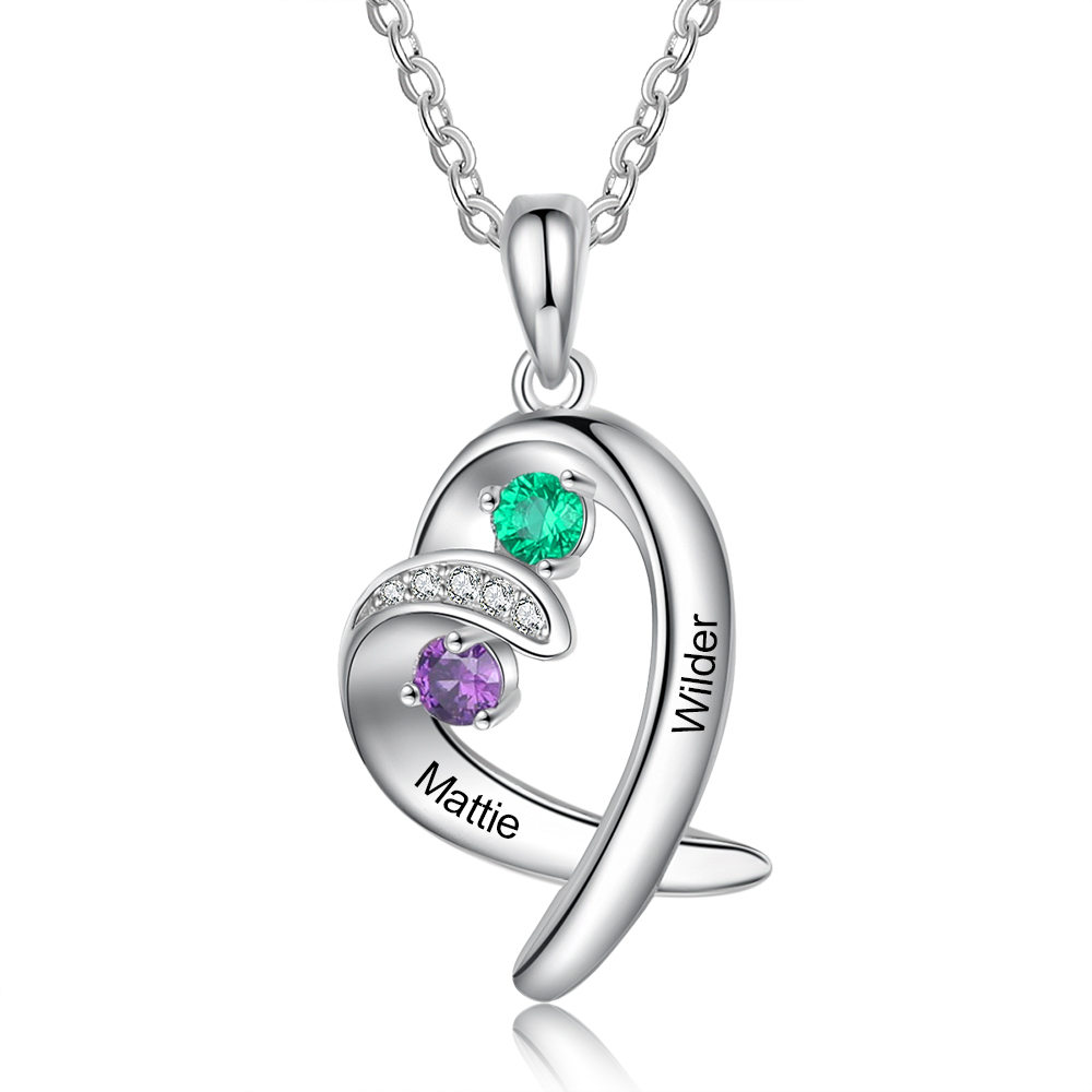 Personalised Heart Necklace With 2 Birthstones Engraved Names Gift For Her