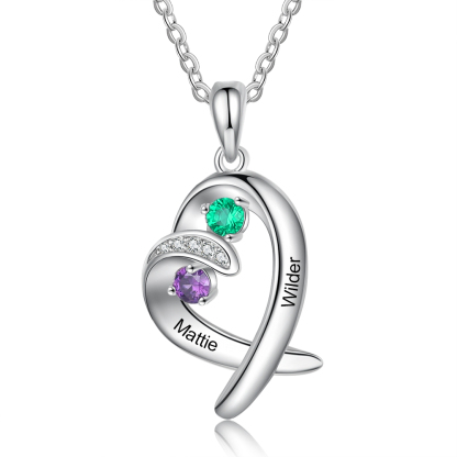 Personalised Heart Necklace With 2 Birthstones Engraved Names Gift For Her