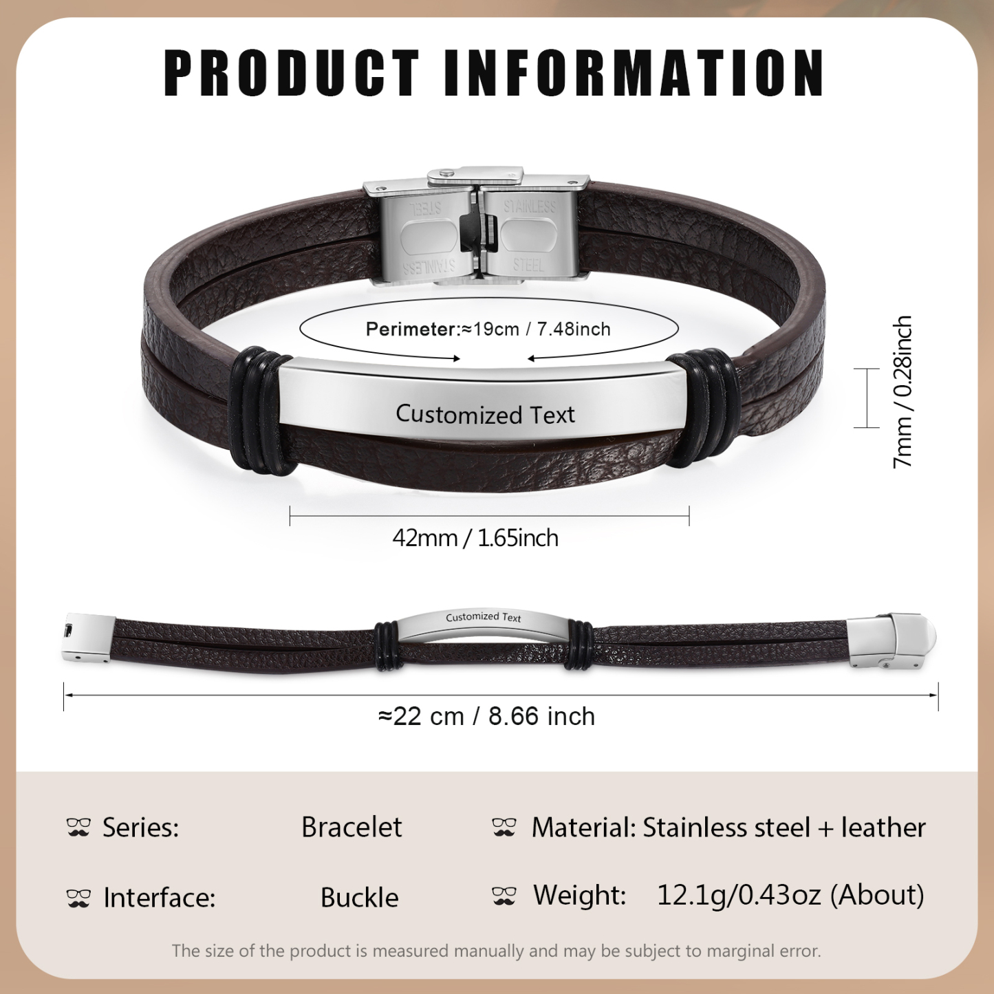 Personalised Text Brown Leather Bracelet Men's Bracelet Father's Day Gift for Dad