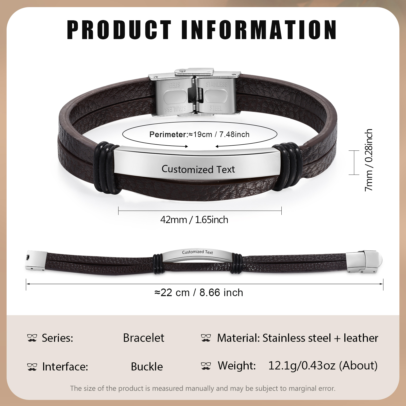Personalised Text Brown Leather Bracelet Men's Bracelet Father's Day Gift for Dad