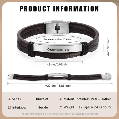 Personalised Text Brown Leather Bracelet Men's Bracelet Father's Day Gift for Dad