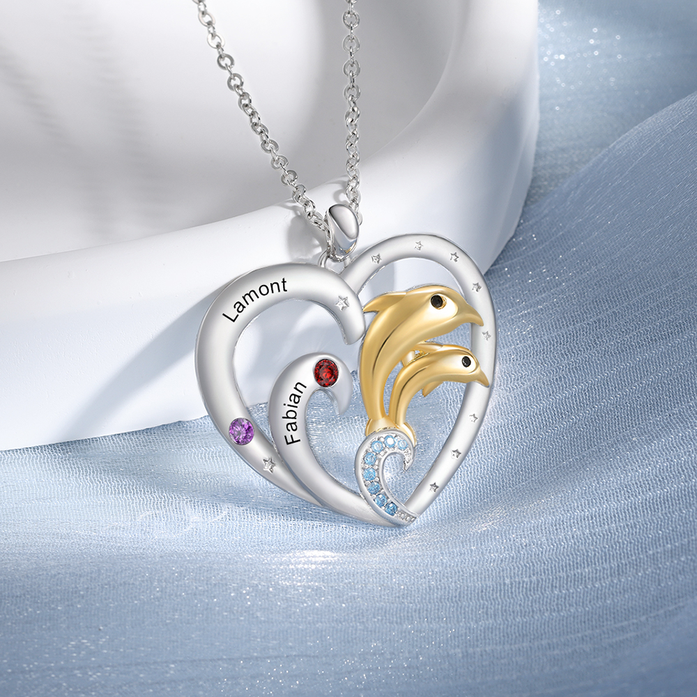 2 Names - Personalised Beautiful Dolphin Heart Necklace with Customized Name and Birthstone Gift for Her