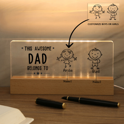 2 Names & Doll Gender - Personalised Lamp -This Awesome Dad  Belongs To - Father's Day Gift for Dad