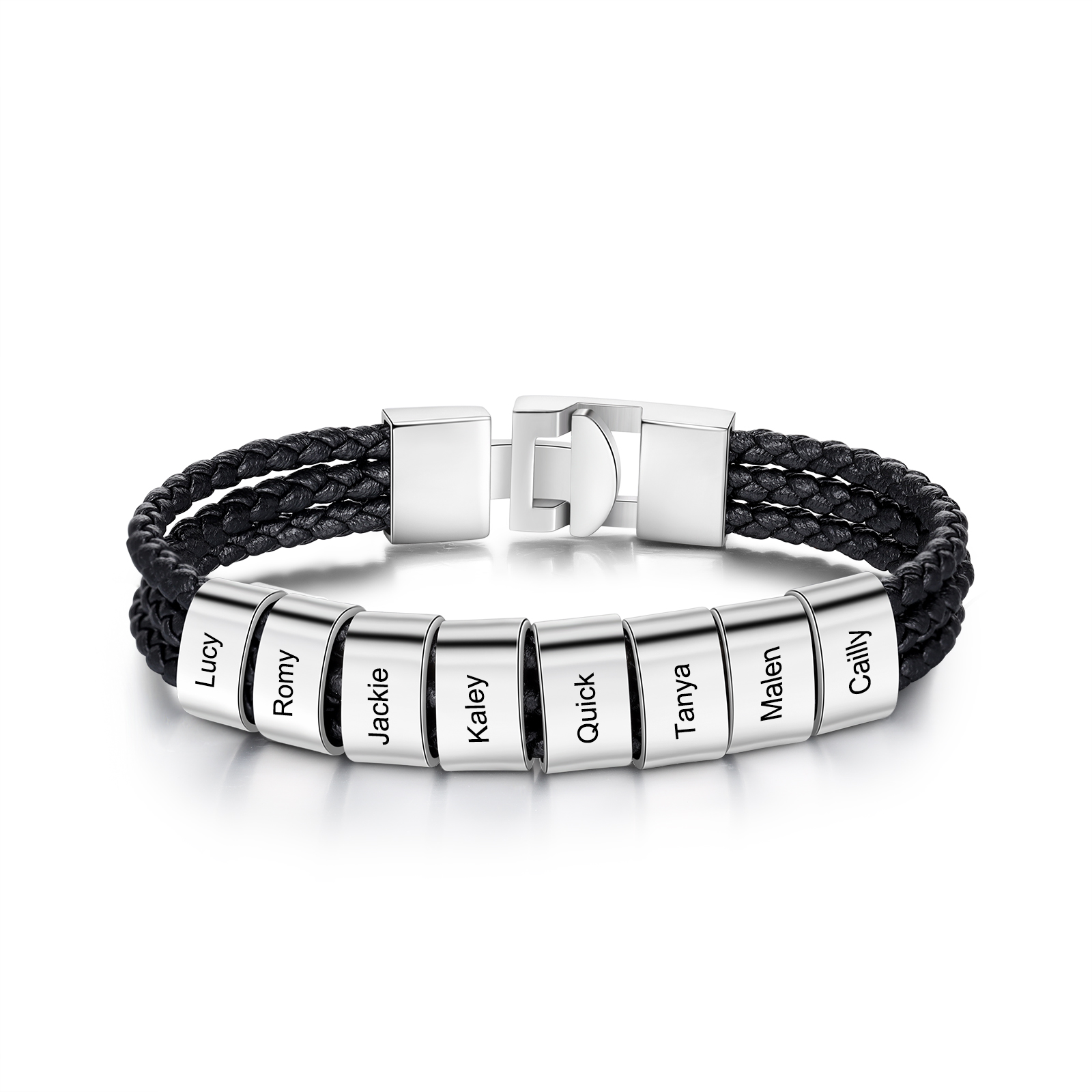 Personalised Braided Leather Bracelet Engraved 8 Names Men's Bracelet Gifts For Him