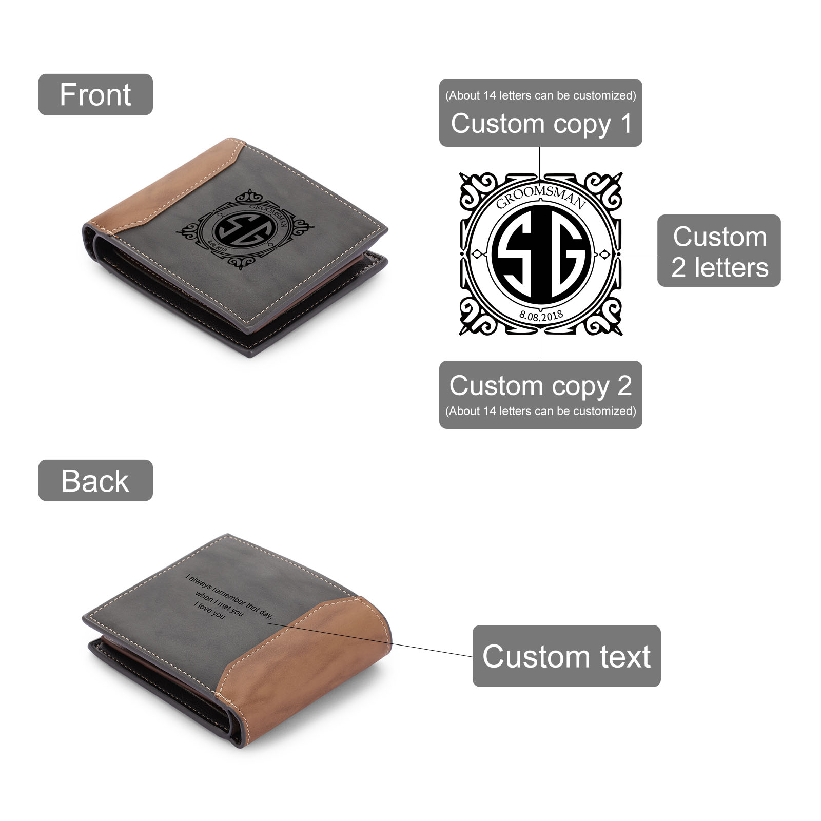 Personalised Leather Wallet Engraved Letter Short Wallet Custom Folding Wallet Gifts For Men