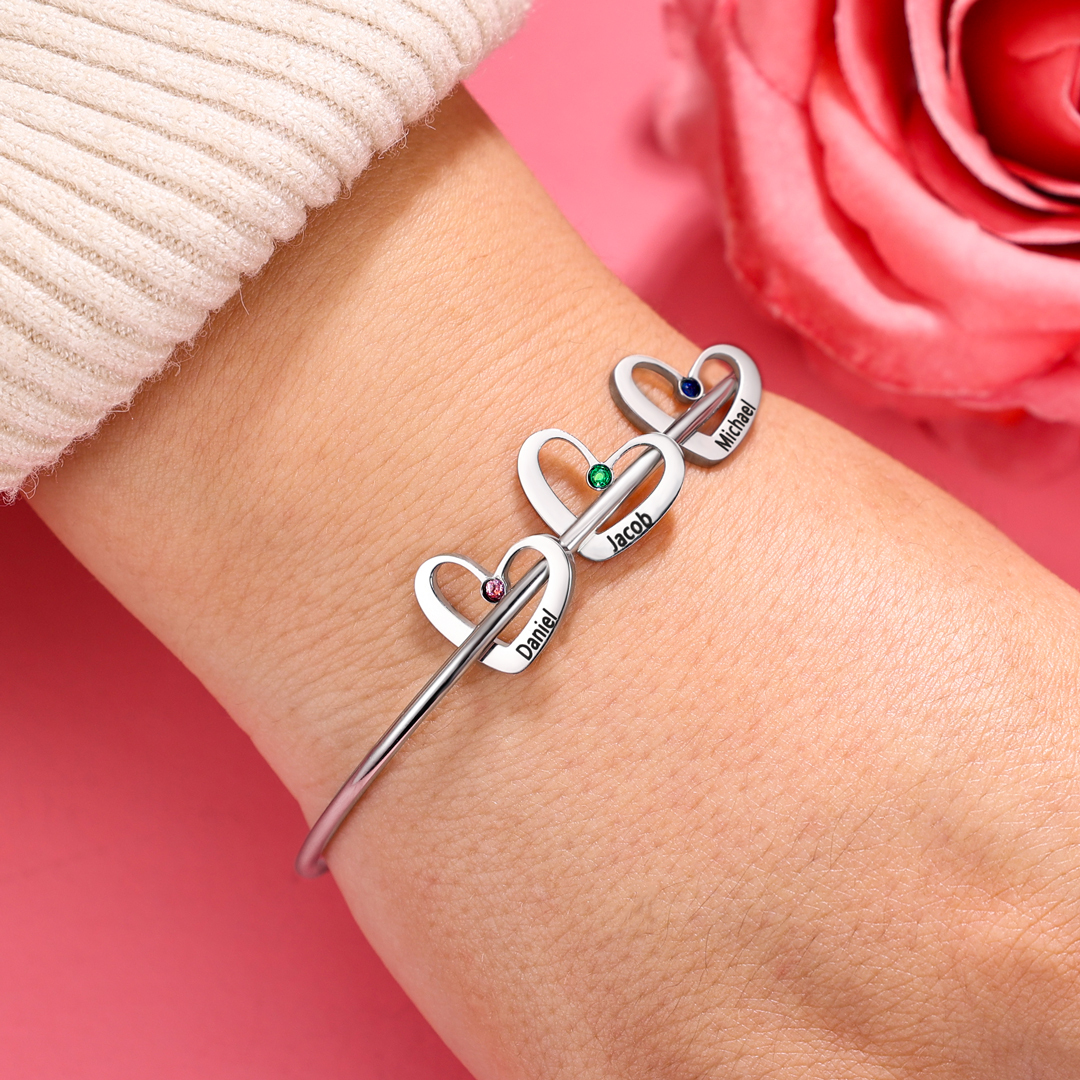 Personalised Heart Bangle With 6 Names and Birthstones Bangle Bracelet Mother's Day Gifts For women