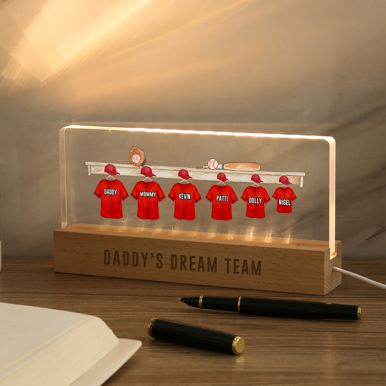 6 Names - Personalised Baseball Jersey Desk Lamp - Dad's Dream Team - Father's Day Gift for Dad