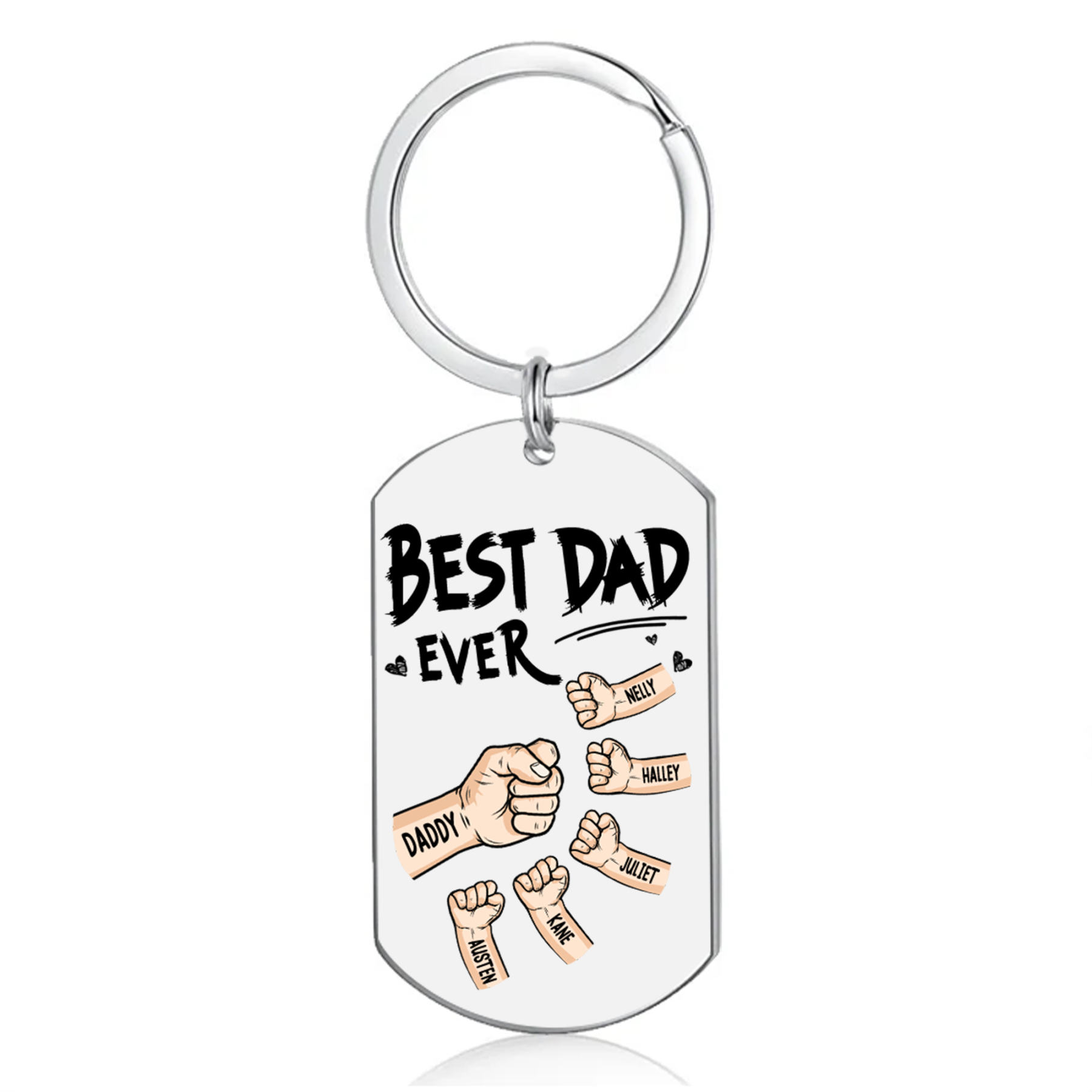 Personalised Best Dad Ever Keyring with 2–6 Names-Stainless Steel Fist-Bump Dog Tag Keychain Gift for Dad