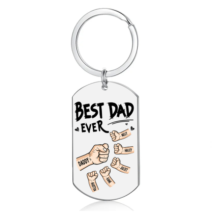 Personalised Best Dad Ever Keyring with 2–6 Names-Stainless Steel Fist-Bump Dog Tag Keychain Gift for Dad